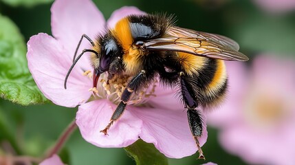 Wall Mural - Bumblebee pollinating pink flower, garden, closeup