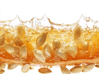 Poster - Pumpkin seeds and pulp submerged in liquid, close-up.