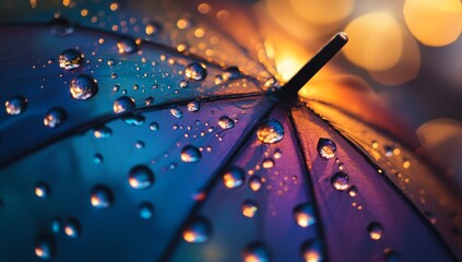 Poster - Close-up of rain droplets on a colorful umbrella at night.