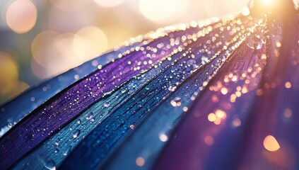 Poster - Close-up of vibrant leaf with water droplets, sunlit bokeh.