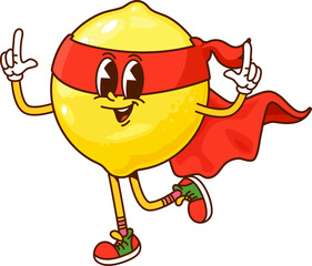 Aufkleber - Cartoon groovy lemon fruit superhero character. Vector funky y2k citrus super hero defender retro personage in cape and mask posing with raised fingers. Fairytale healthy food, smiling tropical plant