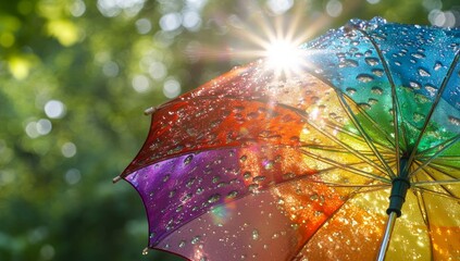 Poster - Rainbow umbrella with raindrops, sunlight shining through. (1)