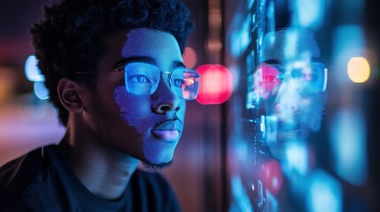 Poster - Young man looking at futuristic digital display at night.