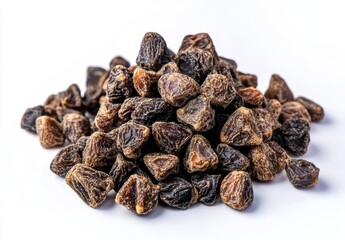Poster - Heap of dried dark plums on white background.