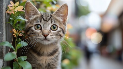 Wall Mural - Curious kitten peeking from foliage, alley background, pet adoption