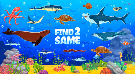 Poster - Kids game worksheet, find two same sea animals at underwater landscape. Details search riddle, same picture finding game worksheet with seal, shark, turtle and octopus, narwhal, stingray ocean animals