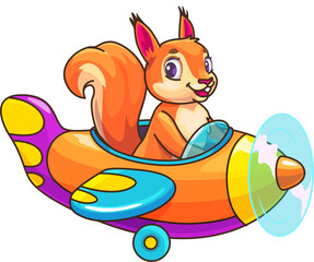 Aufkleber - Cartoon squirrel pilot on plane, funny baby character in airplane toy, vector animal. Happy squirrel pilot flying in propeller airplane in rainbow colors with cute smile for kids mascot or zoo game