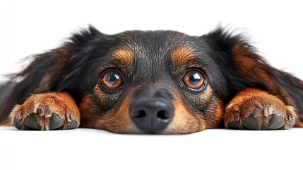 Poster - Cute dog resting paws on white background; pet portrait