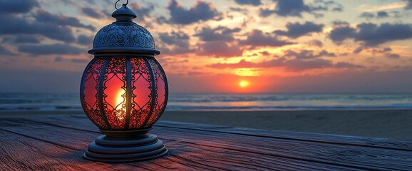 Canvas Print - Illuminated lantern on wooden surface at sunset beach.