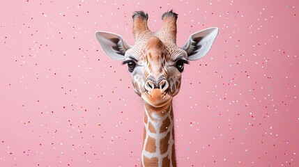 Wall Mural - Cute giraffe portrait, pink confetti background, celebratory mood,  greeting card