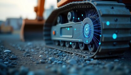 Poster - Close-up bulldozer track. Digital tech overlay shows connectivity. Modern construction machinery. Futuristic tech integration. Innovation in construction equipment. Heavy machinery on construction