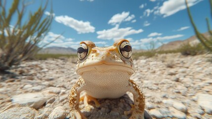 Sticker - Desert toad portrait, rocky ground, blue sky. Nature wildlife photography