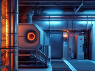Poster - A detailed view of a modern industrial setting, showcasing pipes, machinery, and ambient lighting in a streamlined environment.