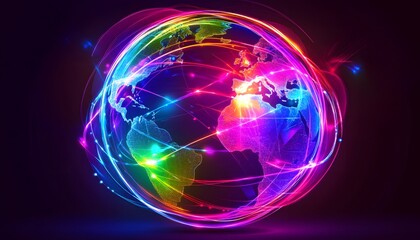 Poster - A vibrant digital representation of a globe interconnected by colorful, glowing lines, symbolizing global connectivity and data exchange.