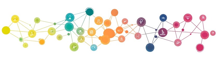 Poster - Abstract network connection illustration with colorful nodes representing data communication and digital interaction.