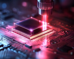 Poster - An advanced microchip being processed under laser technology, showcasing intricate details and modern manufacturing techniques.