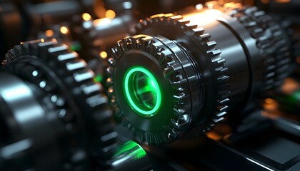Poster - Close-up of modern gears with illuminated green elements showcasing intricate machinery in a sleek industrial setting.