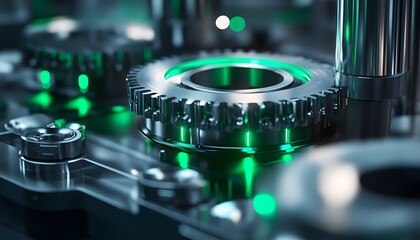Poster - Close-up view of metallic gears with glowing green lights in a modern industrial setting, showcasing intricate mechanics and technology.
