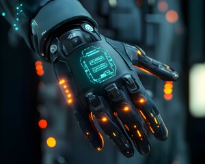 Poster - Futuristic robotic hand showcasing advanced technology with illuminated elements and intricate designs.