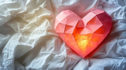 Poster - Glowing origami heart on white bedding.