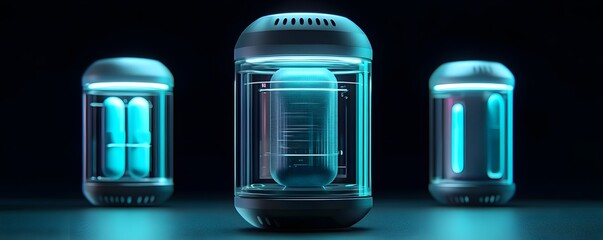 Poster - Futuristic technology concept featuring glowing capsules in transparent containers against a dark background.
