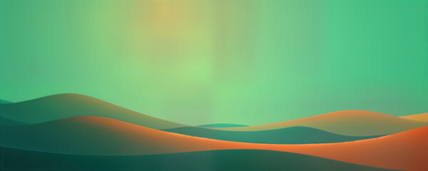 Poster - Abstract illustration with soft color gradients, smooth transitions. Gentle curves resembling hills waves create sense of motion, fluidity. Blending greens, oranges offers spring-like vibe. Blurry