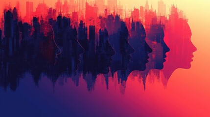 Poster - Abstract silhouette design featuring multiple female profiles in a colorful urban landscape, blending cityscape elements with artistic faces for a modern concept.