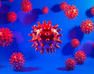 Poster - Microscopic 3D render of red viruses on blue background.