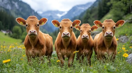 Poster - Four calves in alpine meadow, mountains background