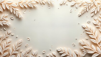 Poster - Elegant abstract design featuring soft beige background. Delicate 3D paper cut leaves, branches create natural, floral pattern. Illustration ideal for wallpaper cards. Subtle design evokes sense of