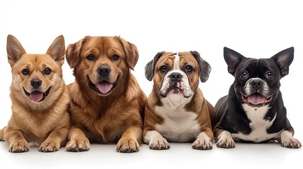 Poster - Four happy dogs posing, studio shot, white background, pet adoption