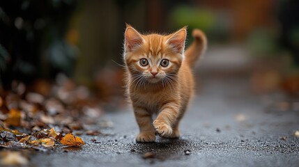 Wall Mural - Ginger kitten walking autumn path, leaves background