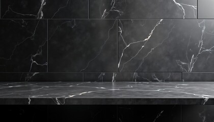 Poster - Empty black marble table against dark marble wall. Modern design. Suitable for product presentation. Elegant, stylish. Interior background. Blank space for display. Dark, sophisticated. Ideal for