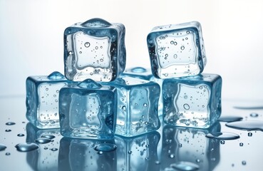 Poster - Transparent ice cubes stacked showing water droplets. Ice cubes clear, cool. Water droplets visible on surface, reflections. Stacked, edges slightly rounded. Image isolated against light background.