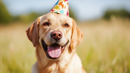 Poster - Happy dog birthday party hat field summer