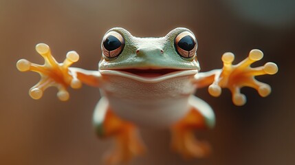 Wall Mural - Happy frog, rainforest background, playful pose, children's book illustration