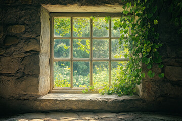 Ivy entwined window frame casting shadows, creating a rustic charm against the sunlight.