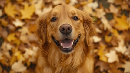 Poster - Happy Golden Retriever in Autumn Leaves