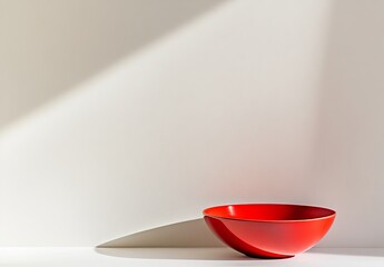 Poster - Red bowl on white background with sunlight shadow.