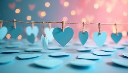 Aufkleber - Light blue paper hearts hang from string against pastel blue, pink background with bokeh lights. Many scattered light blue hearts on surface below. Romantic, playful Valentines Day aesthetic. Perfect
