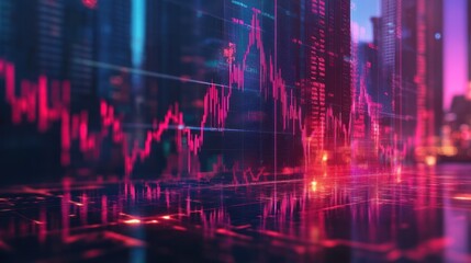 Poster - Stock market data overlaying city skyline at night.