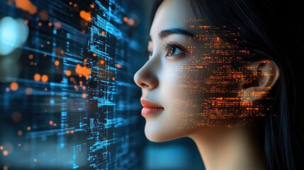 Woman's face overlaid with digital data stream.