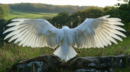 Wall Mural - Majestic white bird, wings spread, hillside background, freedom concept