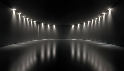 Poster - Empty dark studio room with bright spotlights. Black minimalistic interior design. Virtual reality HDRI tech. 360-degree panorama. Smooth surfaces. Modern digital artwork. Futuristic scene. Abstract