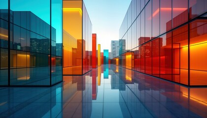 Aufkleber - Modern glass architectural forms in multiple colors. Abstract urban scene with colorful buildings. Cityscape reflected in polished floor. Vibrant design, futuristic feel. Possible interior space