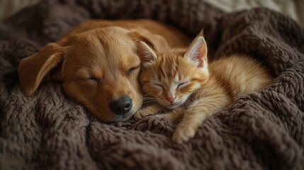 Wall Mural - Puppy and kitten sleeping together under a blanket