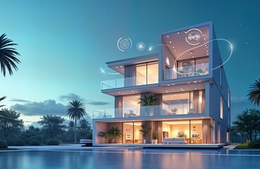 Poster - Modern smart house at dusk near pool. Tech systems control home. Wireless devices connect inside. Automated lighting, security integrated. Home tech shown. Stylish architecture. Peaceful scene.
