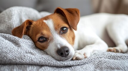 Wall Mural - Relaxed dog resting on sofa blanket