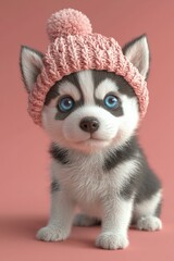 Canvas Print - Adorable puppy in a cozy hat. AI.