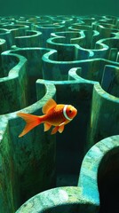 Poster - A small orange fish swims through an underwater maze. AI.